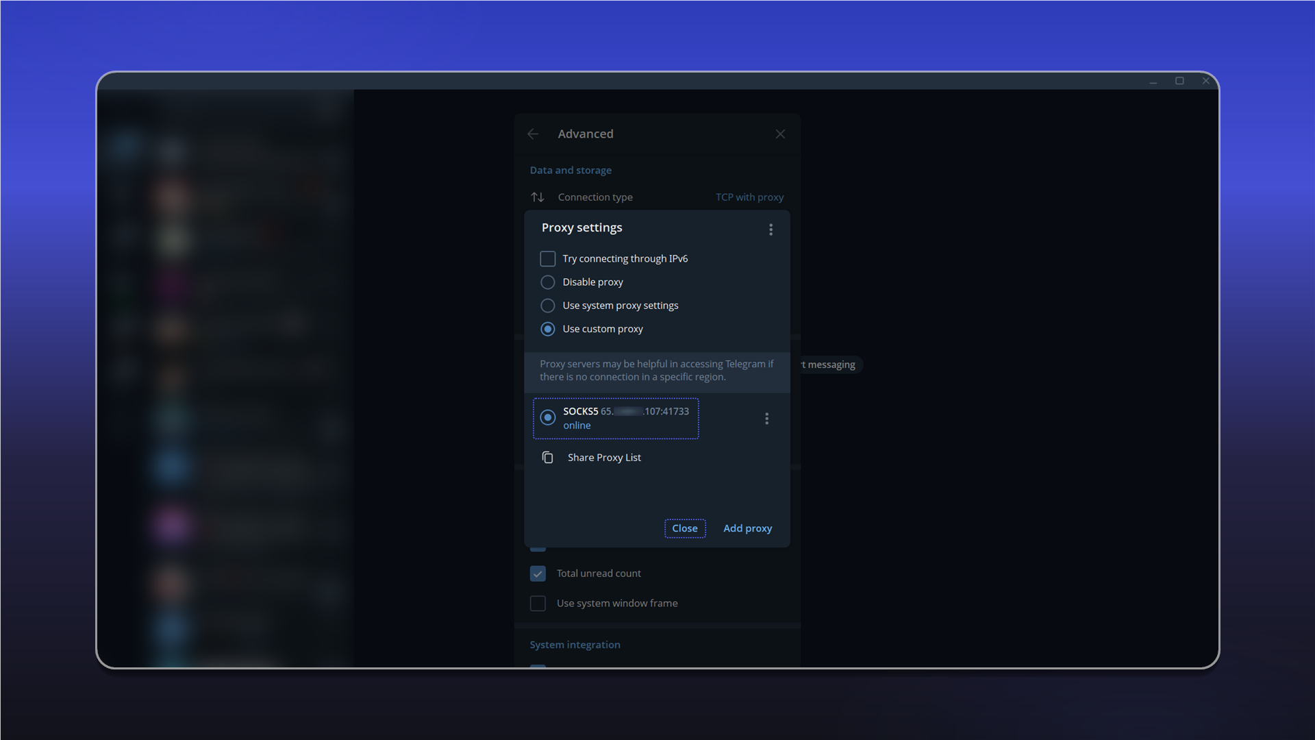 Telegram Desktop 中已连接的代理