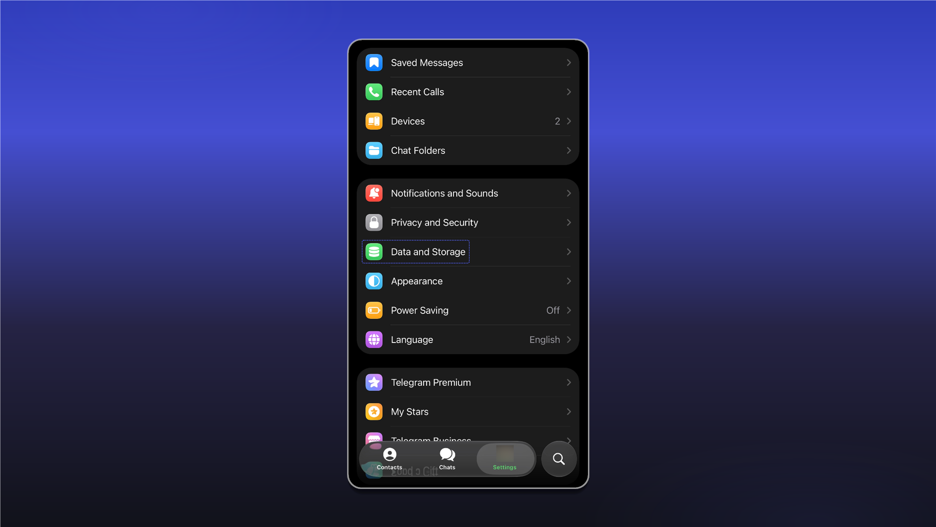 iOS 版 Telegram 中的 Data and Storage