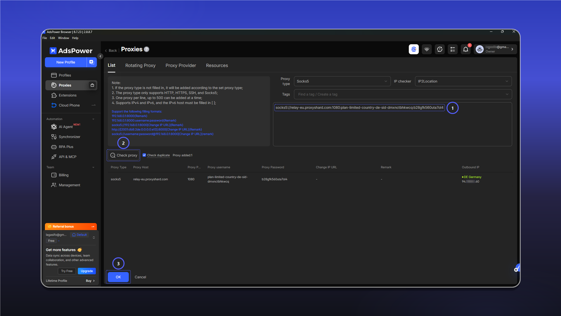 AdsPower proxy form