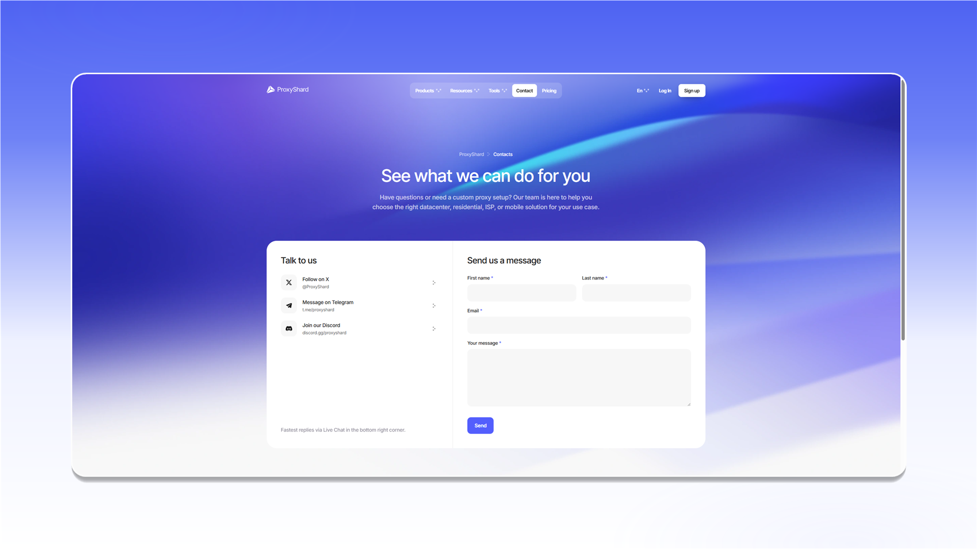 Contact form on the ShardX website