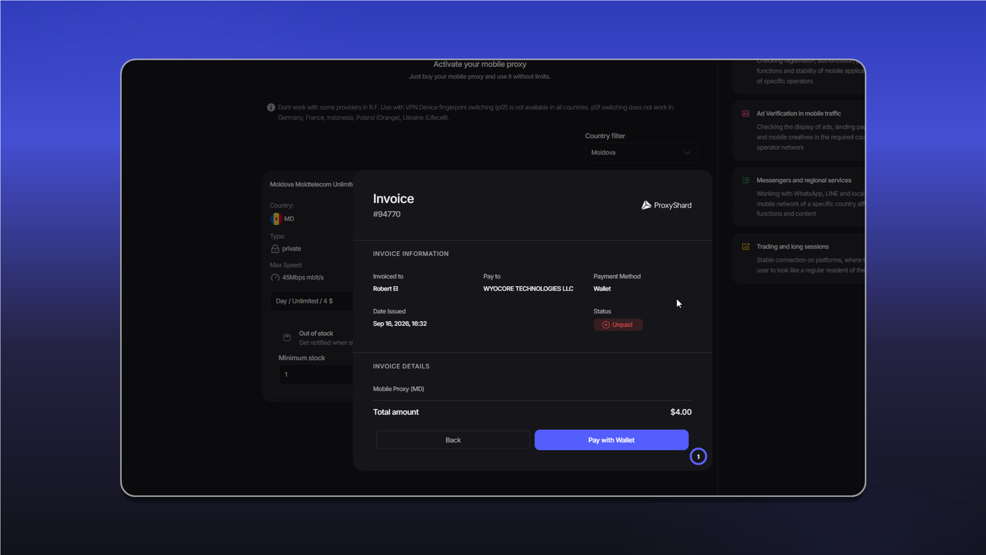 Paying for mobile proxies from the balance