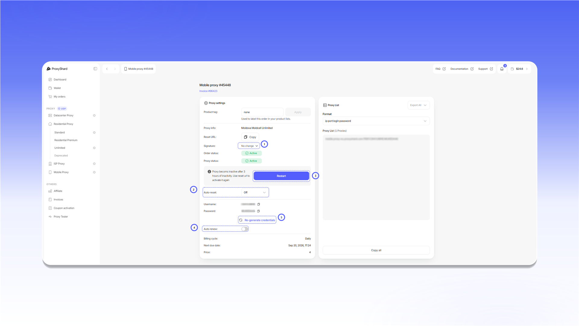 Mobile proxy order fields