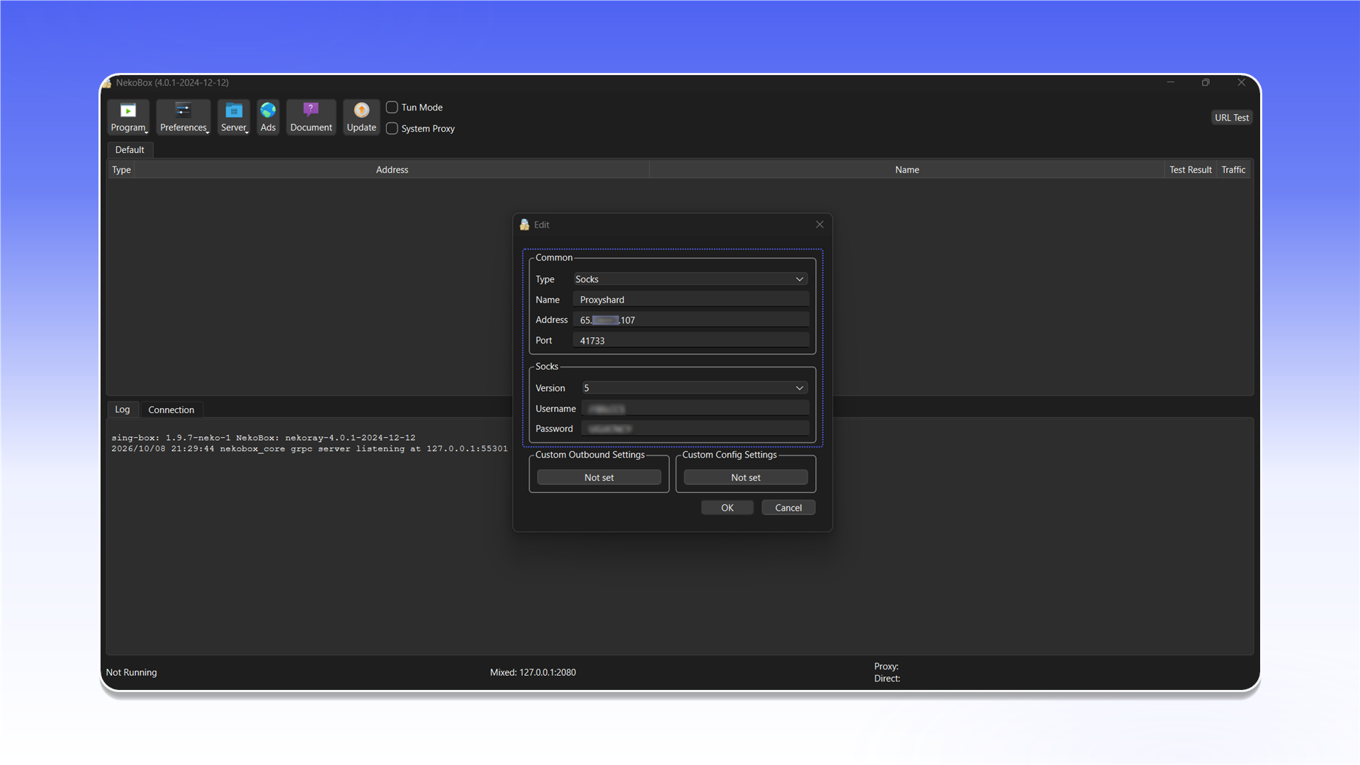 SOCKS5 proxy settings in NekoRay
