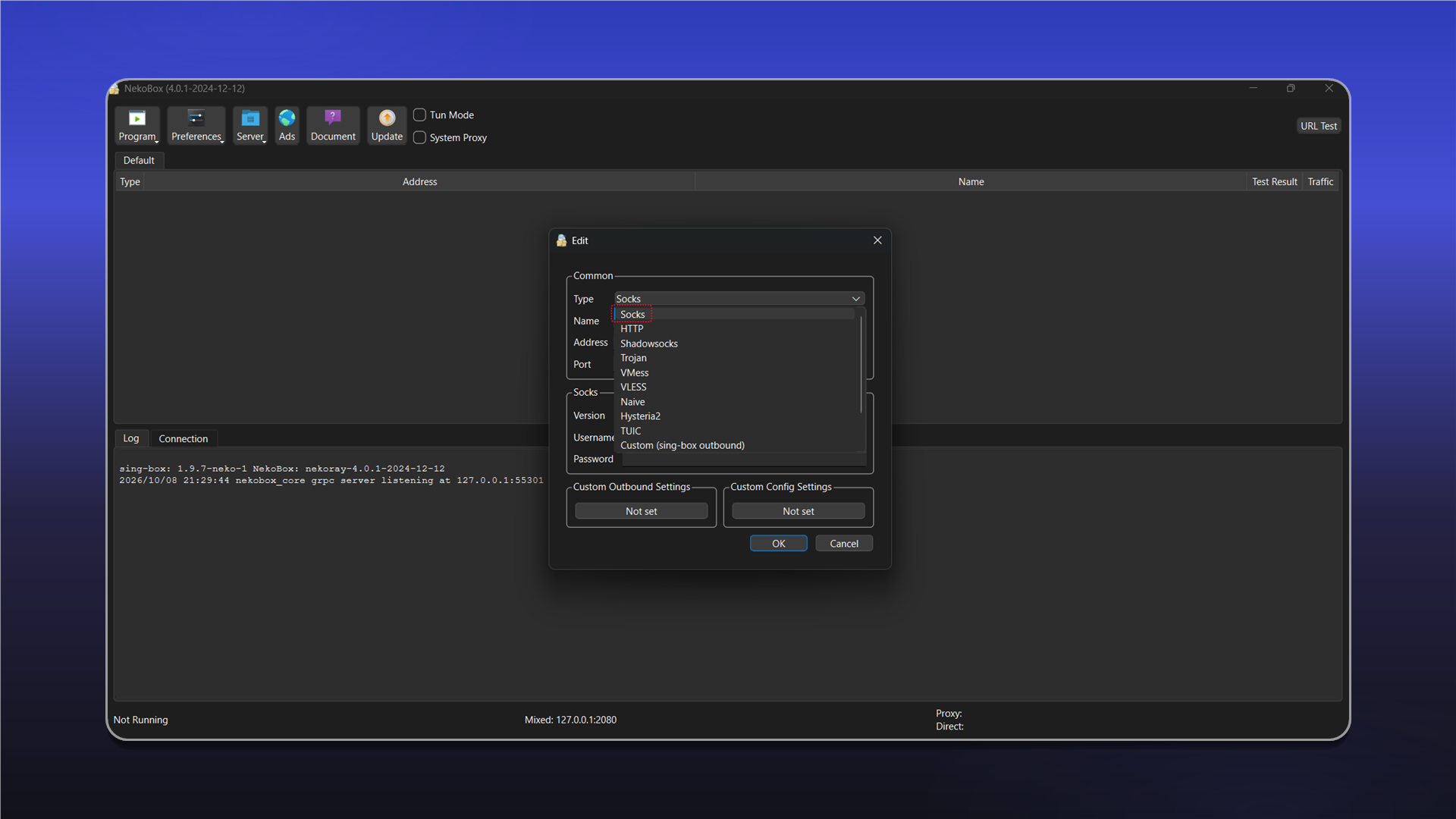 Selecting the Socks profile type in NekoRay