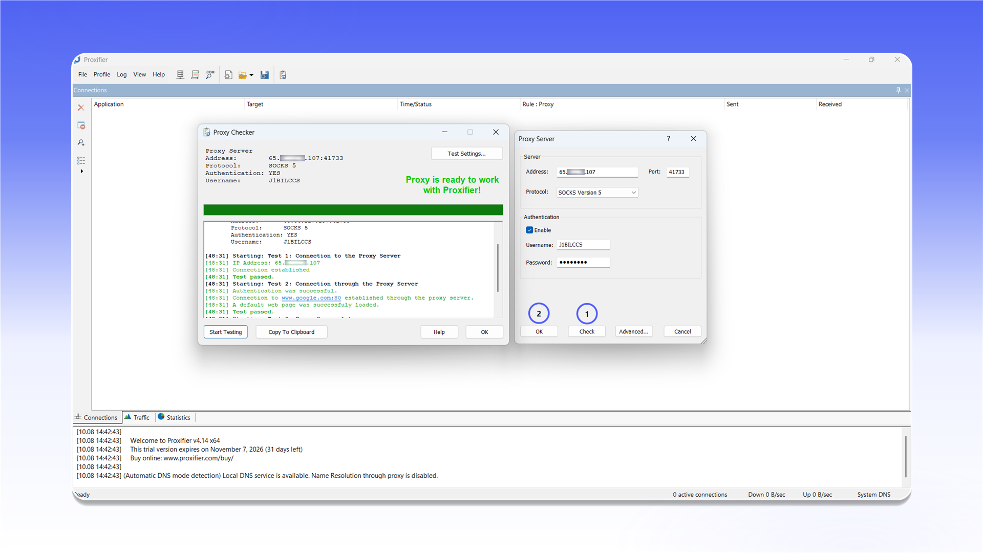 Successful proxy test in Proxifier
