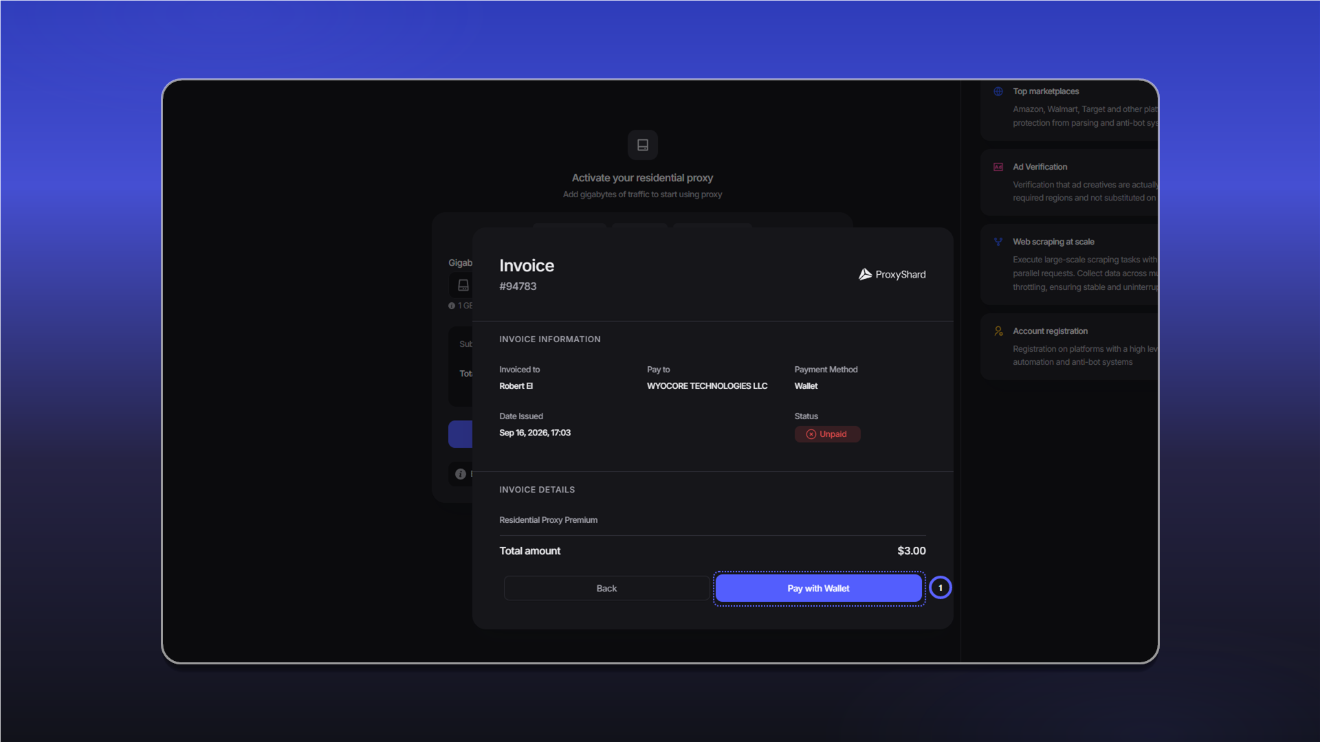Paying for residential proxies from the balance