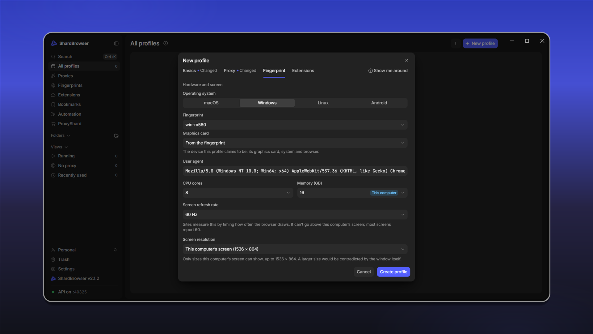 Profile fingerprint settings