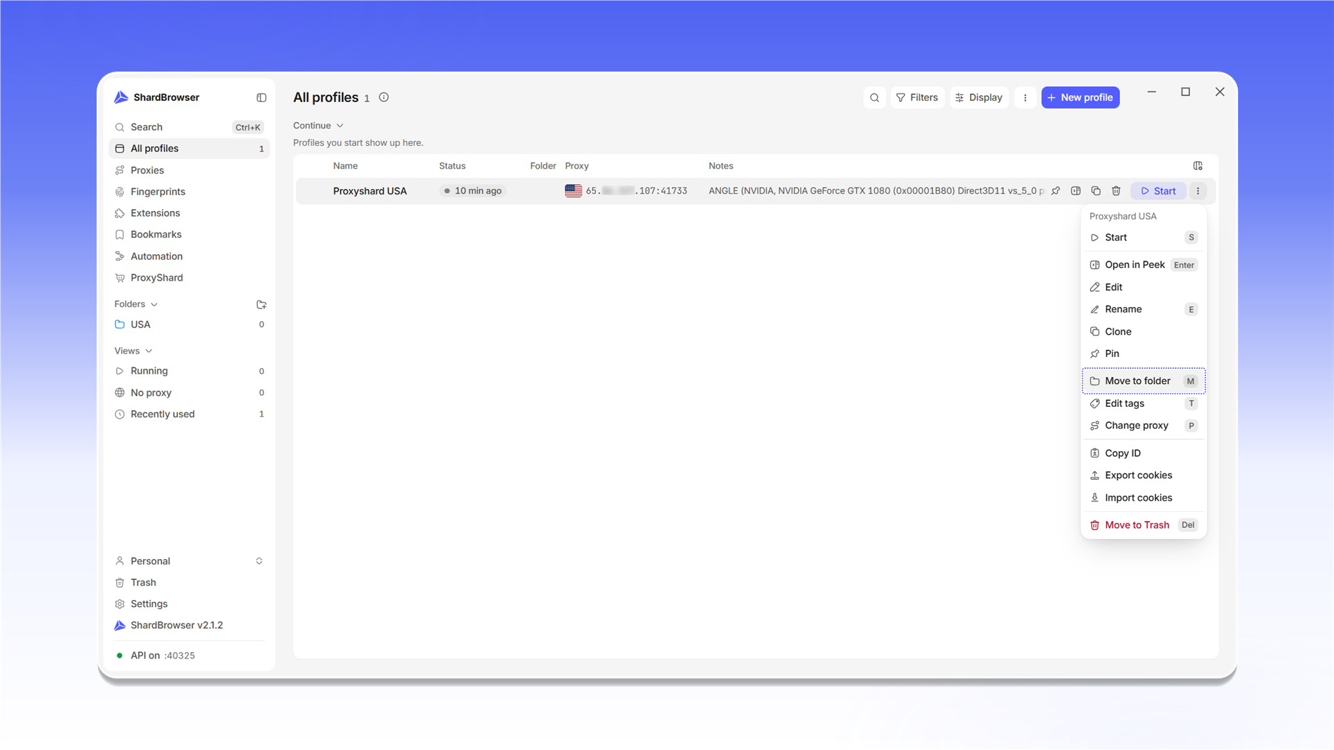 Profile menu: Move to folder