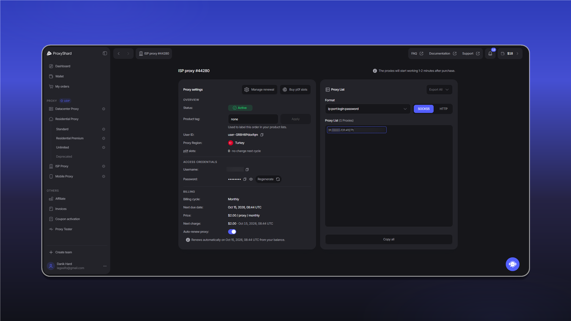 Connection details for datacenter and ISP proxies