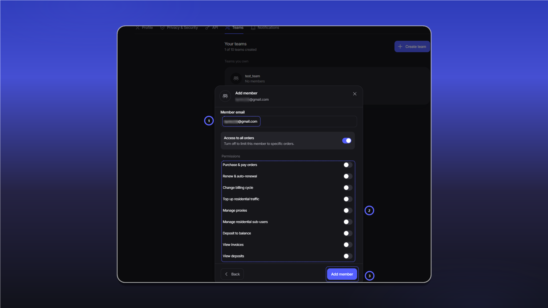 Adding a member and configuring permissions