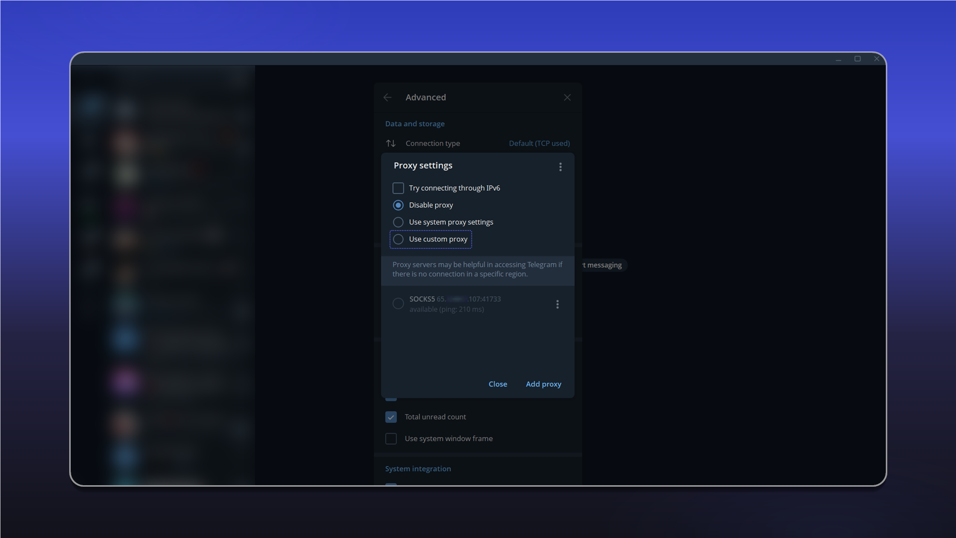 Proxy configuration in Telegram Desktop