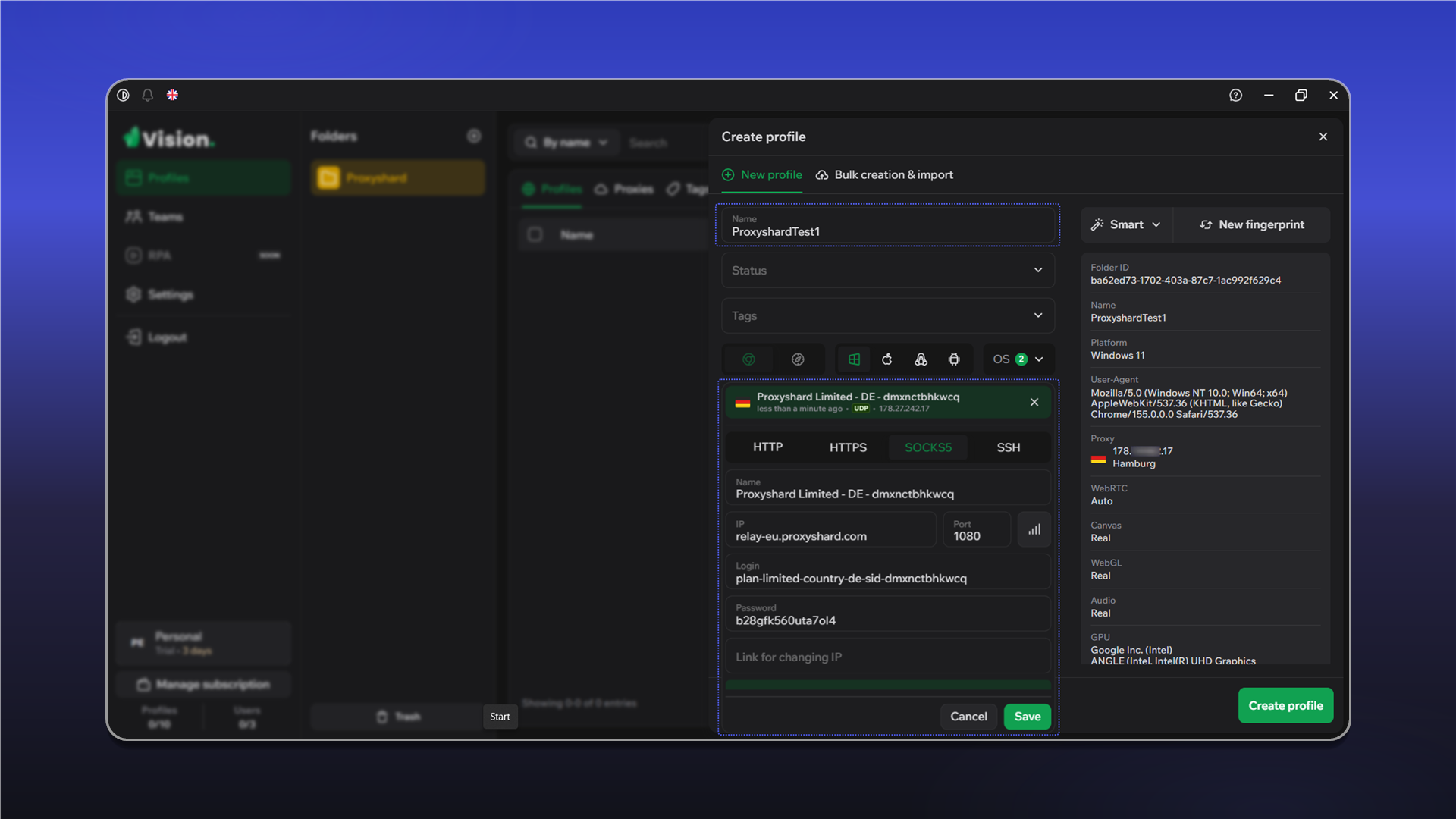 SOCKS5 proxy settings in a Vision profile