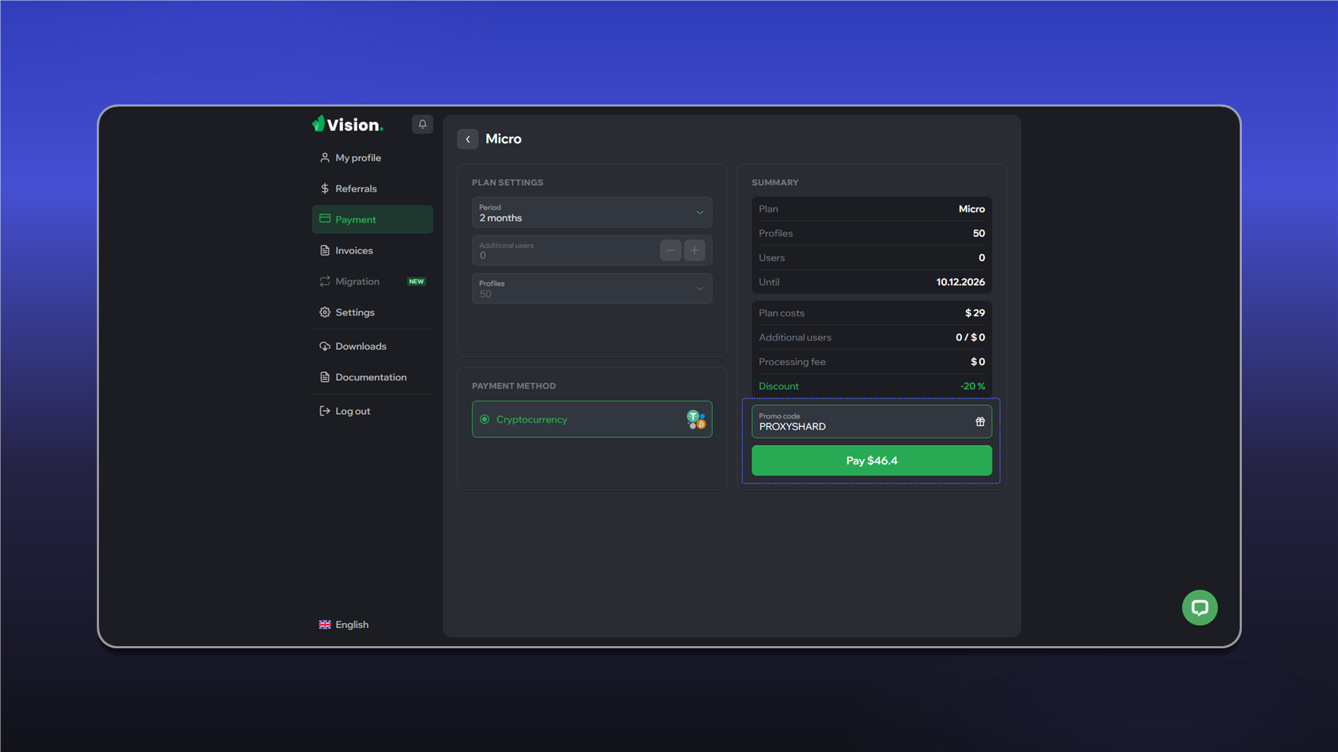 PROXYSHARD promo code in Vision Browser