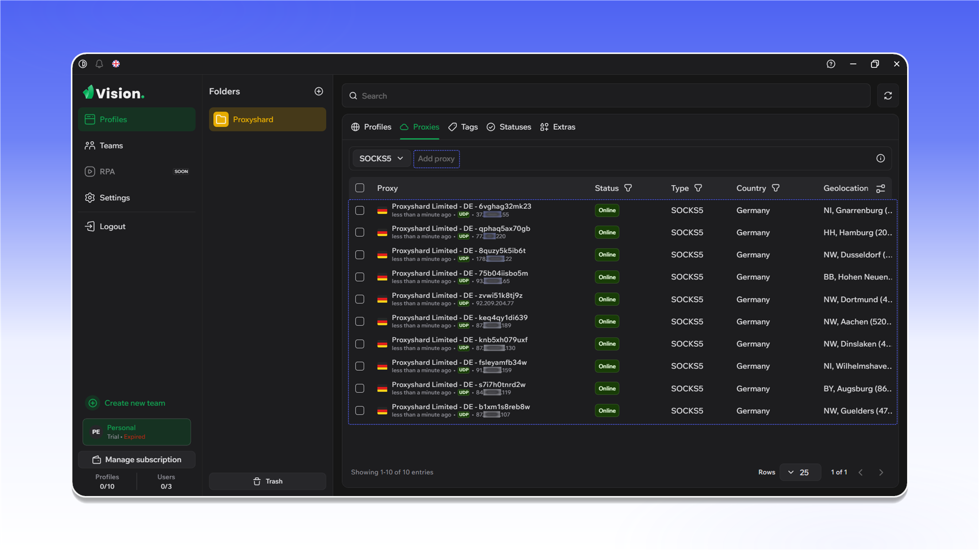 Imported proxies in Vision Browser