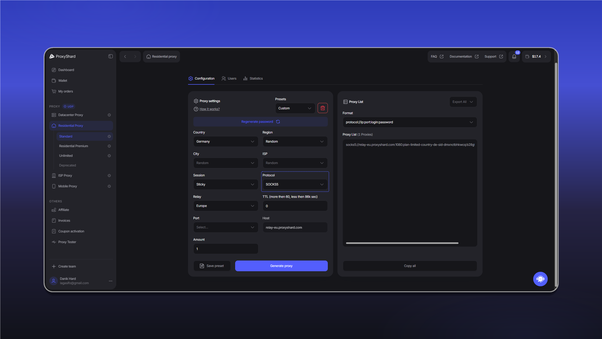 Generating one SOCKS5 proxy in ShardX