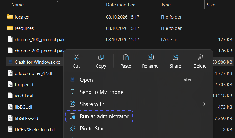 Запуск Clash for Windows от имени администратора