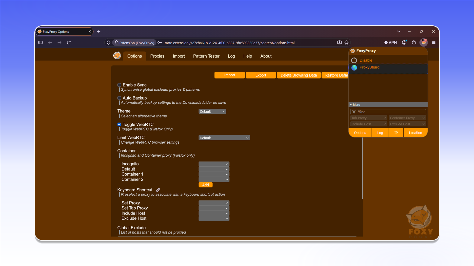Выбор профиля прокси в FoxyProxy