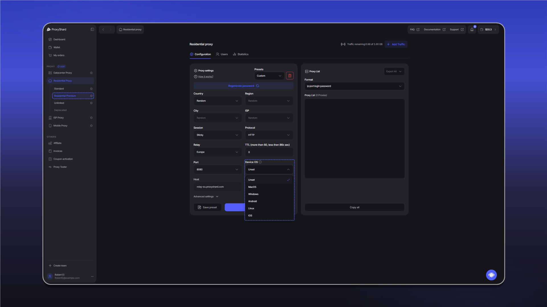 Фильтрация Premium Residential по Device OS