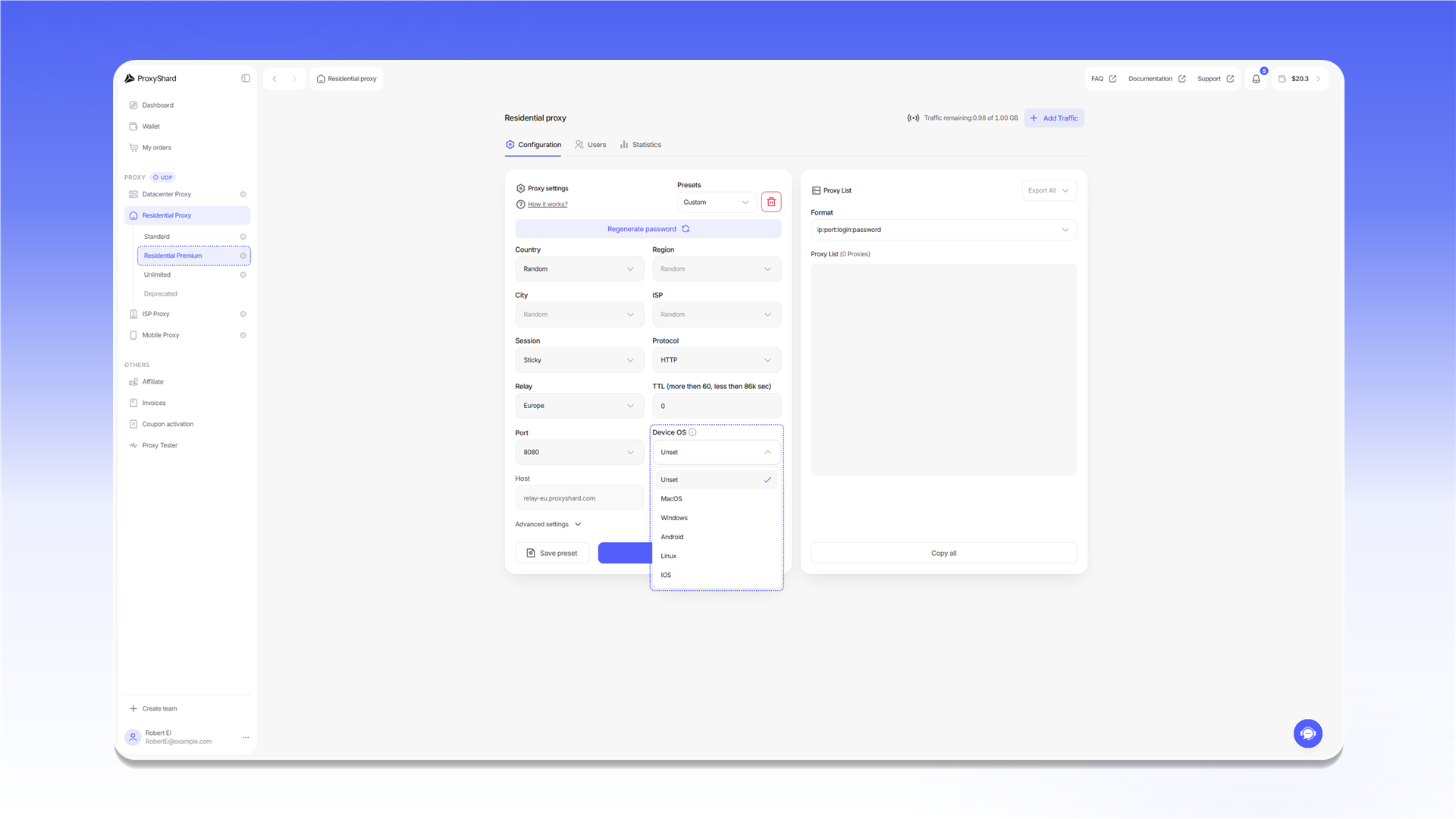 Фильтрация Premium Residential по Device OS