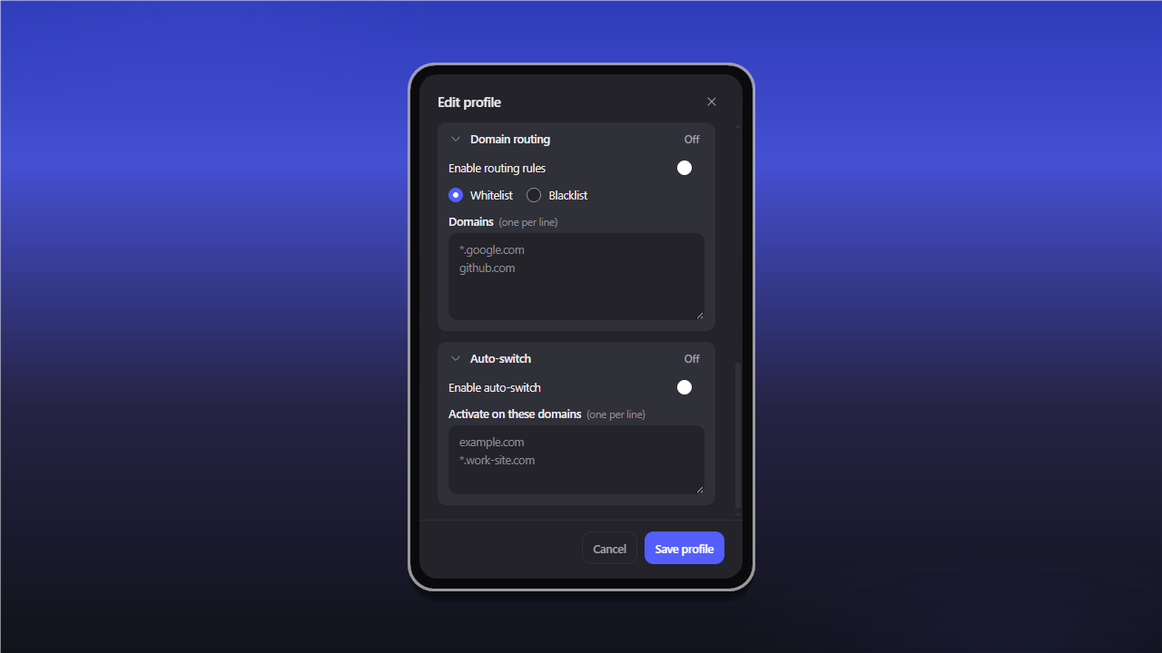 Настройки Domain routing и Auto-switch