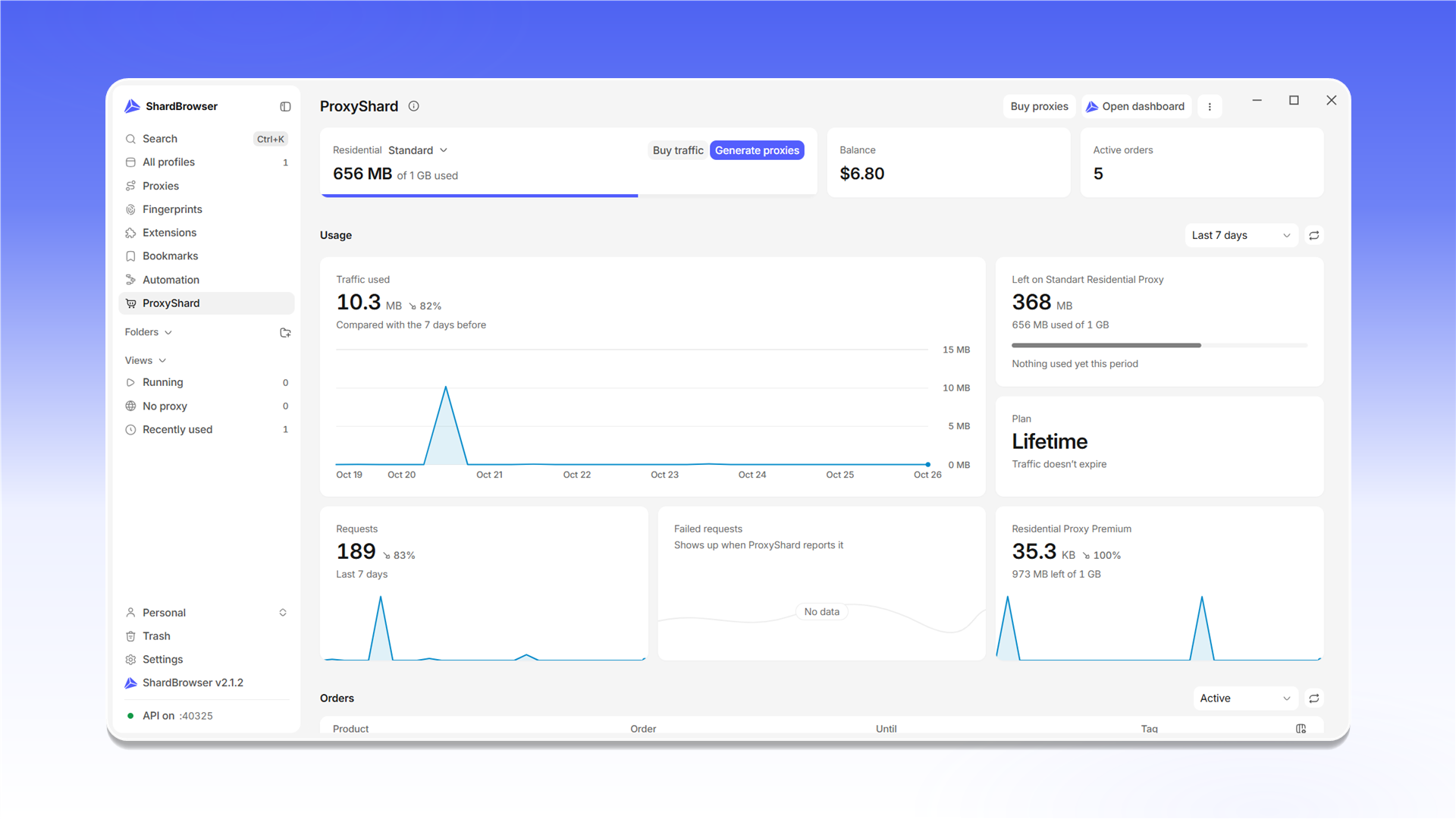Панель аккаунта ShardX