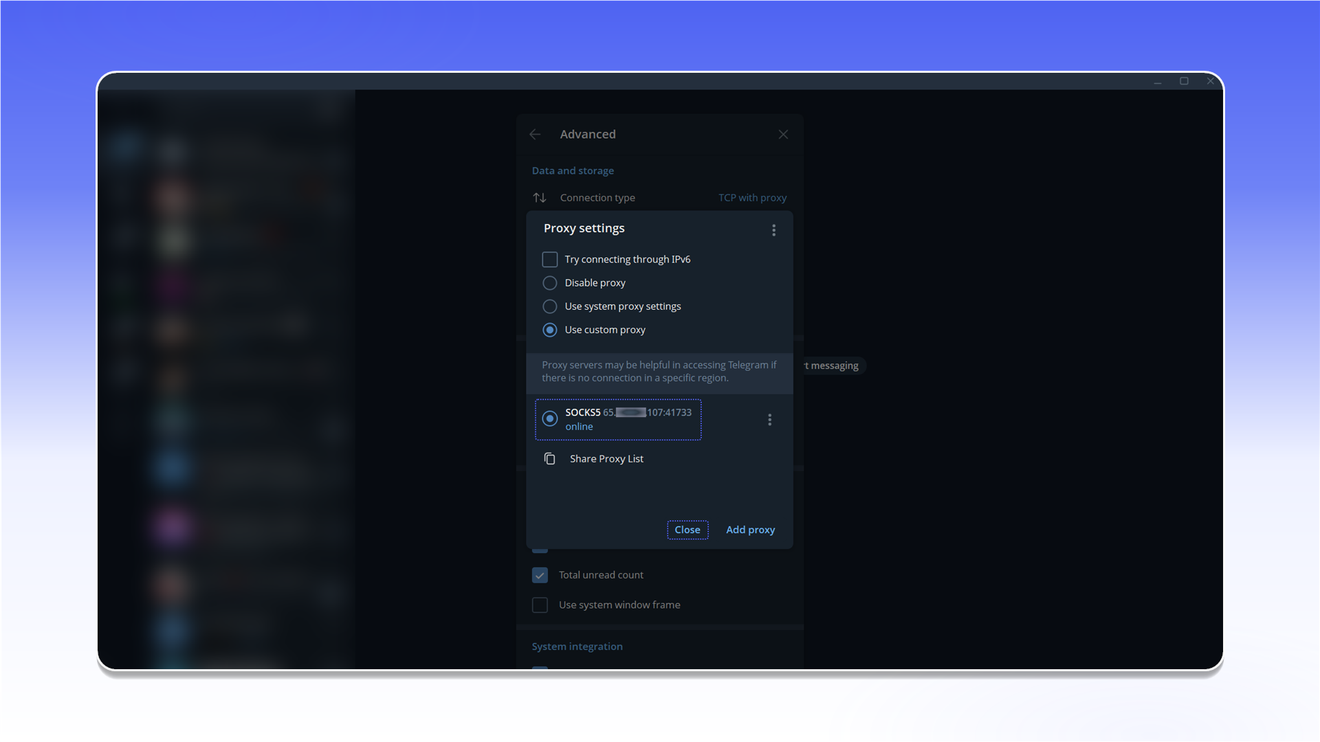 Подключённый прокси в Telegram Desktop