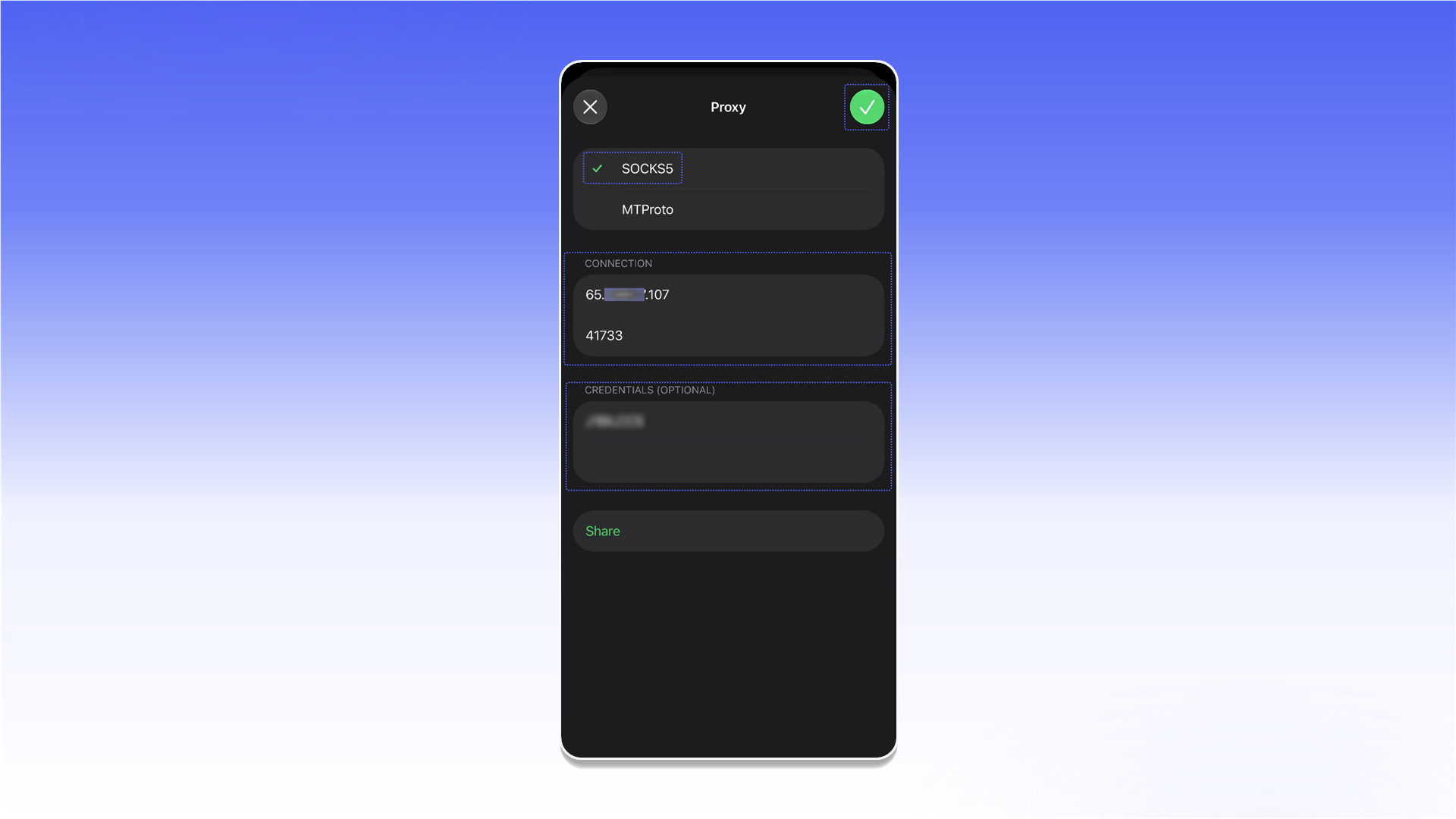 Настройка SOCKS5-прокси в Telegram для iOS