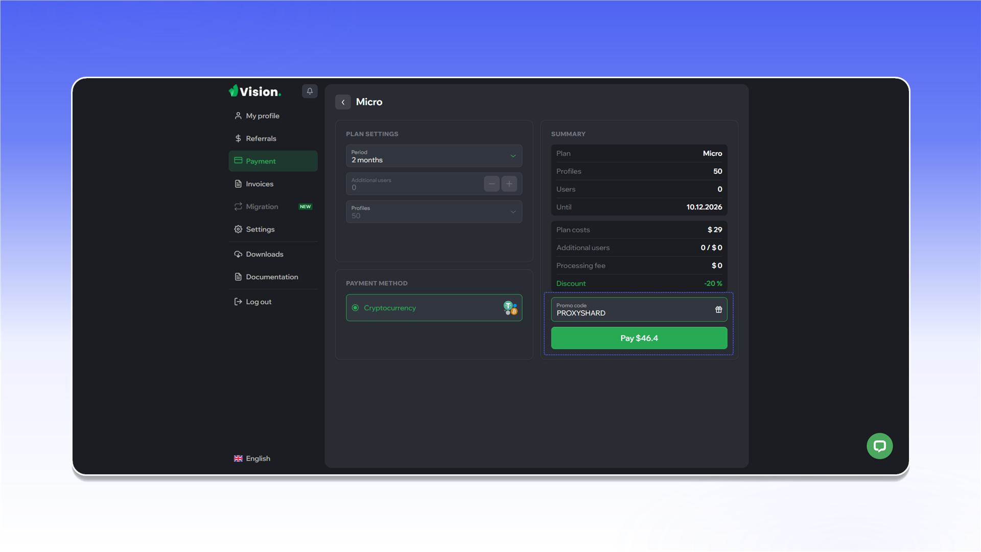 Промокод PROXYSHARD в Vision Browser