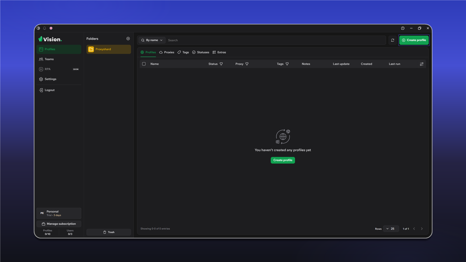Создание профиля Vision Browser