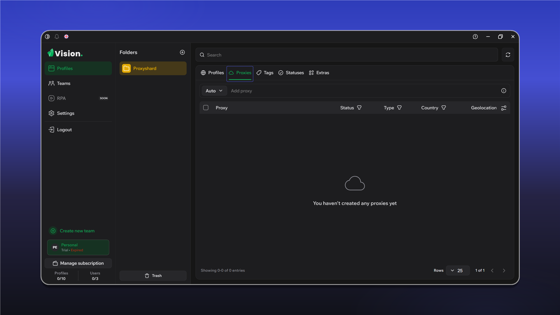 Добавление прокси в Vision Browser