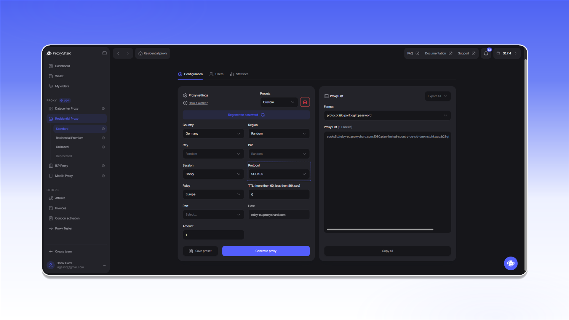 Генерация SOCKS5-прокси в ShardX