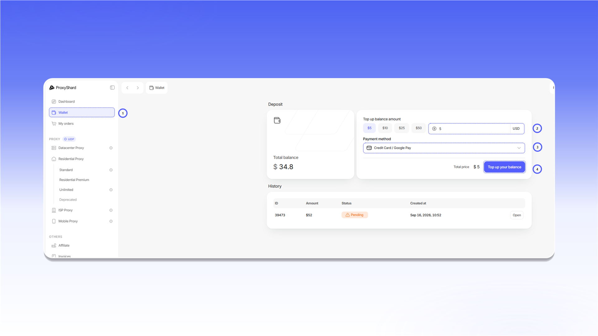 Пополнение баланса ShardX