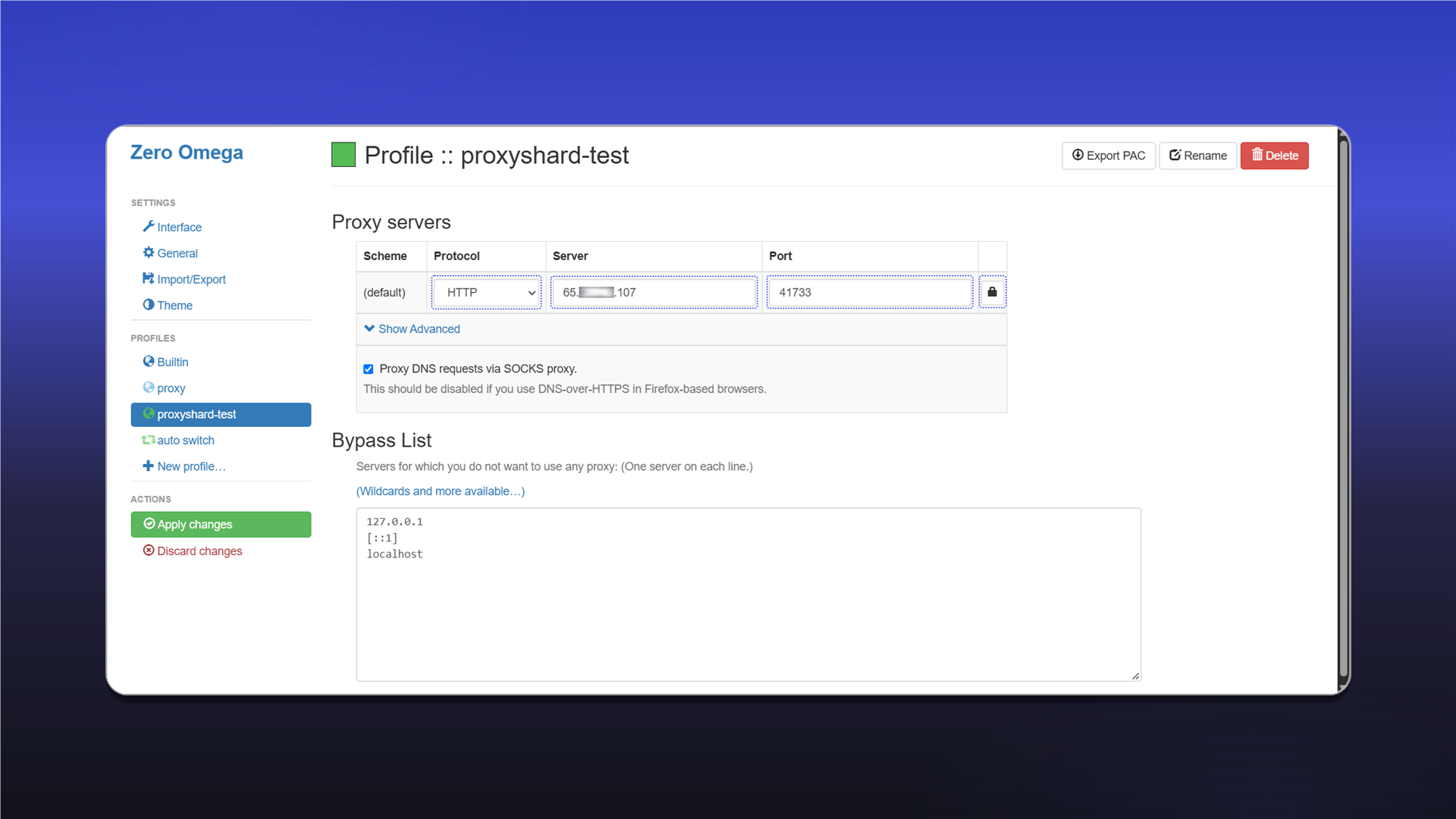 Адреса й порт проксі в ZeroOmega