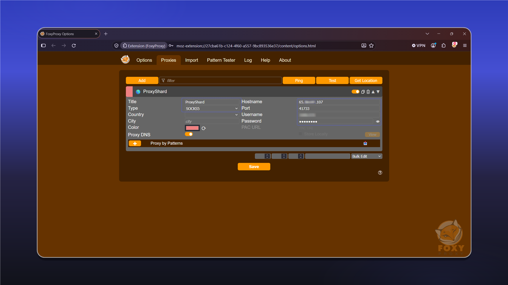 Заповнений профіль проксі у FoxyProxy