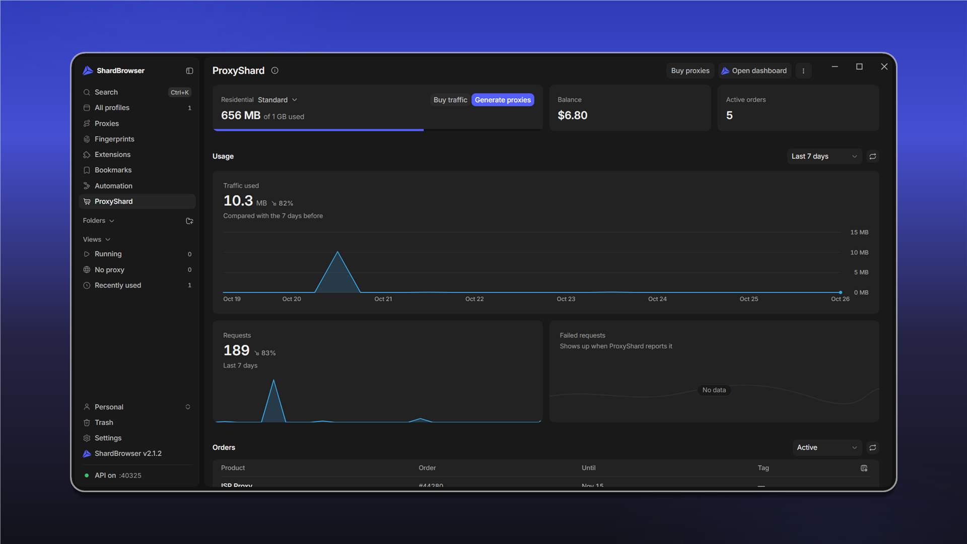Панель акаунта ShardX